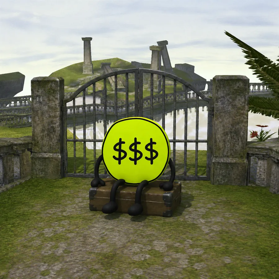 The coin sitting on a suitcase in front of a closed gate