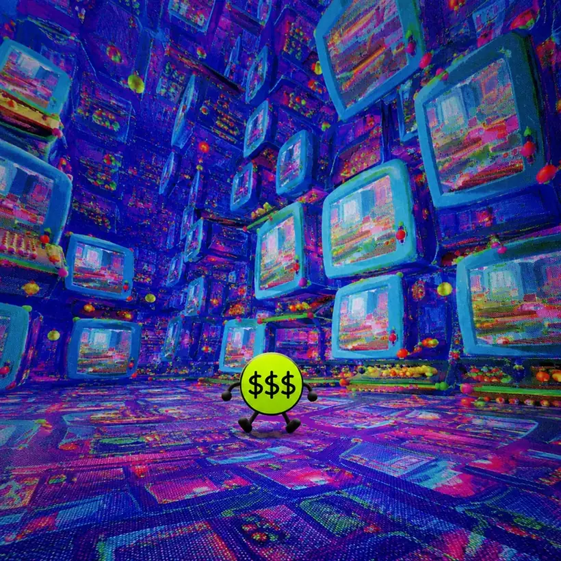 The coin standing in front of a wall of switched on televisions
