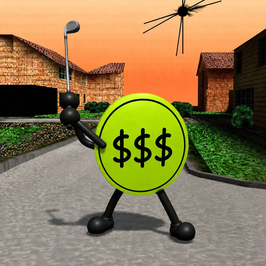 The coin swinging a golf club in an empty parking lot