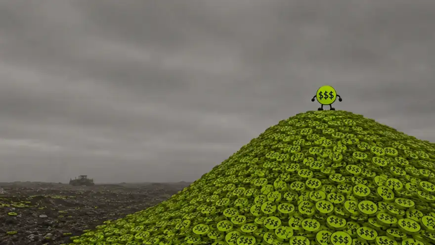 A landfill mound made of lime coins with one of them standing on top